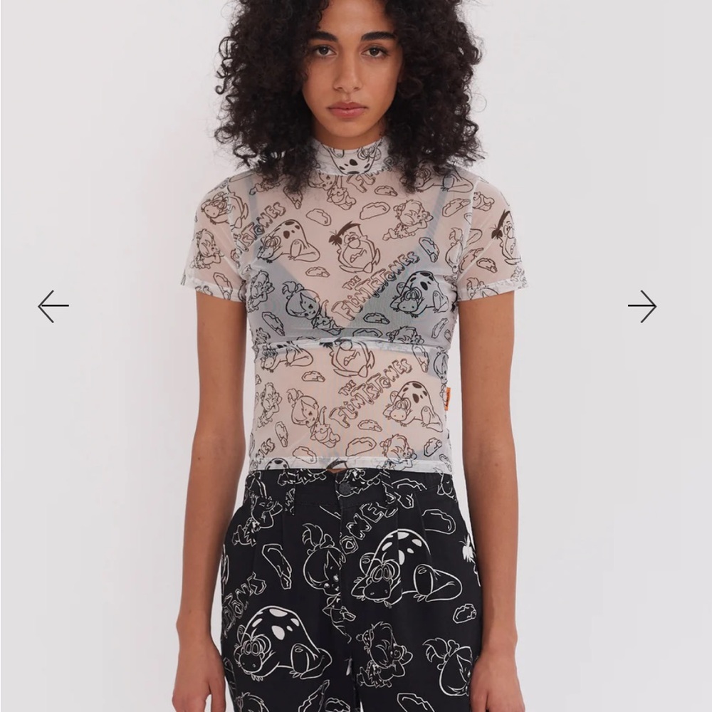 Lazy Oaf Sheer White Mesh Crop Top with Black Cartoon Print